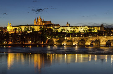 View of Scenic of the Old Town ancient architecture and Vltava river  during twilight. Prague . Czech Republic.