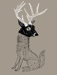 Wolf in a deer mask, hand drawn design