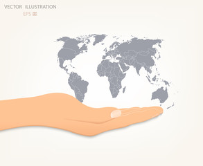 Hand holding the world map on white background.