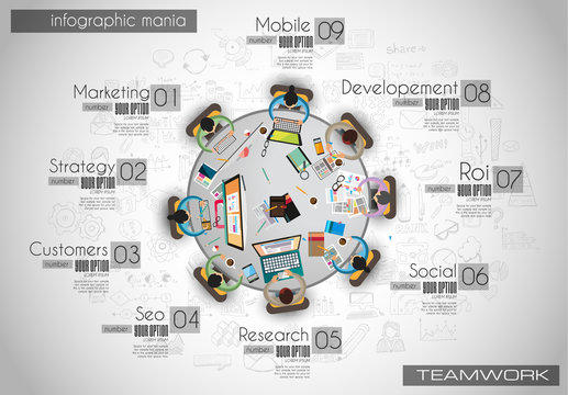 Infograph background template with a temworking brainstorming table