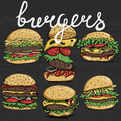 A set of burgers drawn by hand