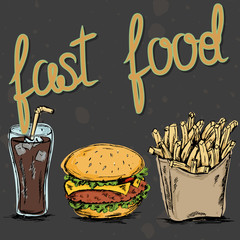 A set of fast food painted by hand. Cola, burger and fries