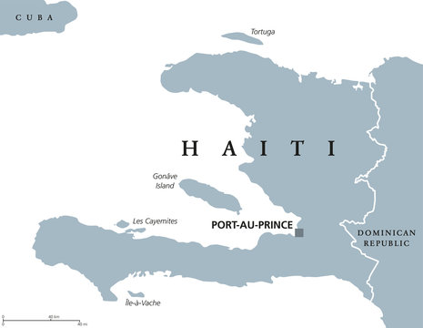 Haiti political map with capital Port-au-Prince. Caribbean republic and country on the Hispaniola island in the Greater Antilles archipelago. Gray illustration over white. English labeling. Vector.