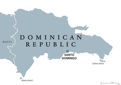 Dominican Republic political map with capital Santo Domingo. Caribbean country on the Hispaniola island in the Greater Antilles archipelago. Gray illustration over white. English labeling. Vector.