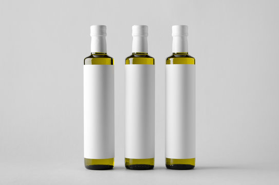 Olive / Sunflower / Sesame Oil Bottle Mock-Up - Three Bottles. Blank Label  Stock Photo | Adobe Stock
