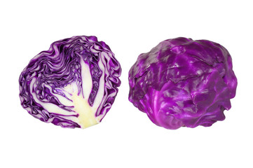 Fototapeta premium Fresh ripe Purple Cabbages, one whole and one cut in half isolated on white background 