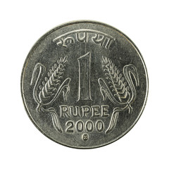 1 indian rupee coin (2000) obverse isolated on white background