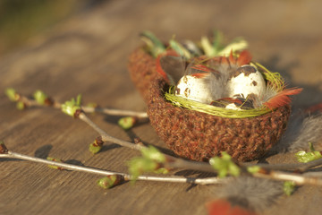 Knitted Easter nests with quail eggs
