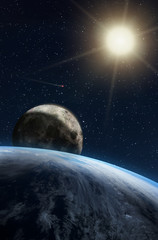 Fantasy composition of the planet Earth and his natural satellite, the Moon, with a shiny Sun in a field of stars with a comet. Elements of this image furnished by NASA.