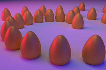 3D-Rendering von goldenen Ostereiern in blauem und rotem Licht