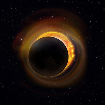 Partial solar eclipse with colorful halo on a starry sky background. Elements of this image furnished by NASA