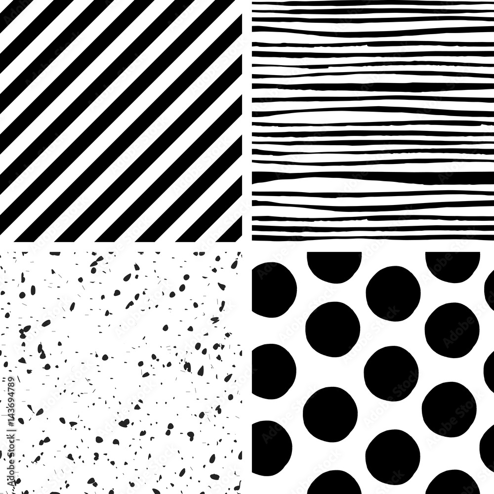Poster Universal useful vector seamless patterns. Endless texture background can be used for different design projects. Set of monochrome black and white patterns.