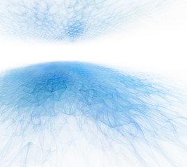 Abstract blue and turquoise background with white horizon. Optimistic and fresh. Fractal digital pattern. Sea and sky perspective texture.