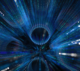 Black and blue background. Turquoise circles with radial rays. Surface with striped rings in dark 3d space. Water falls with white sparkles.