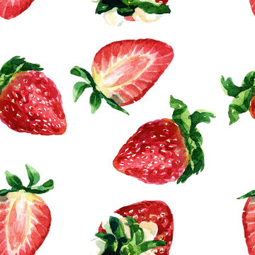 Watercolor seamless pattern of strawberries.