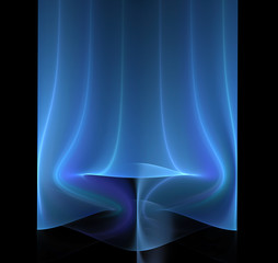 Abstract black background with blue vertical lines. Turquoise curtain texture around table. Plasma rays bending, fractal pattern.