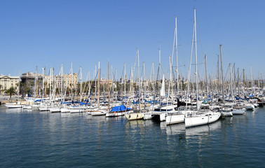 Fototapeta na wymiar Barcos veleros y yates en puerto Barcelona