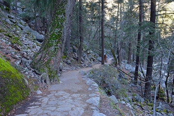 Views hiking along the Mist Trail up to waterfall Vernal Fall along the Merced River, Yosemite National Park, California