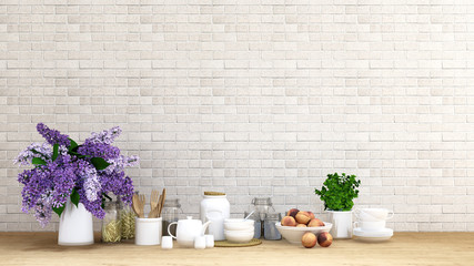 purple flower with kitchen set on brick background - 3D Rendering