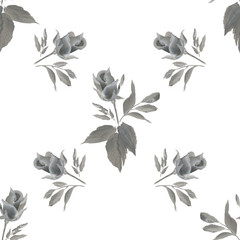 Decorative hand drawn roses. Seamless pattern. Half-opened buds, leaves painted in one stroke style on white background. - 143697505