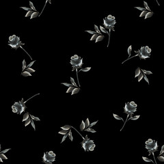 Decorative hand drawn roses. Seamless pattern. Dark grey, sepia high contrast half-opened buds, leaves painted in one stroke style on black background. - 143697512