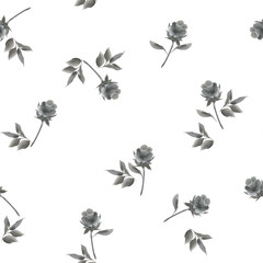 Decorative hand drawn roses. Seamless pattern. Half-opened buds, leaves painted in one stroke style on white background. - 143697522
