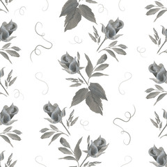 Decorative hand drawn roses. Seamless pattern. Half-opened buds, leaves,flourishes painted in one stroke style arranged in columns on white background. - 143697546
