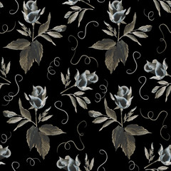 Decorative hand drawn roses. Seamless pattern. Dark grey, sepia high contrast half-opened buds, leaves,flourishes painted in one stroke style on black background. - 143697554