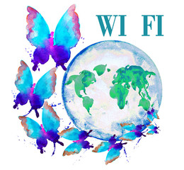 Obraz na płótnie Canvas Wireless wifi network blue icon. Butterflies fly around the globe