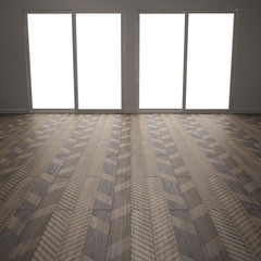 Empty room with wooden parquet floor, diagonal herringbone, minimalist interior design, colored tiles