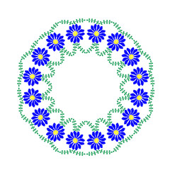 Embroidery stitches imitation floral frame with blue flower and green leaf