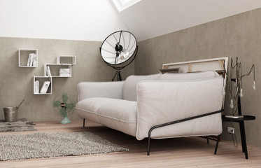 Vintage loft living room with white sofa, modern interior design