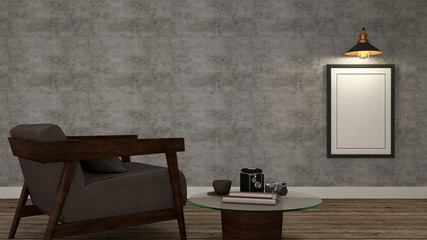 Library room and relax area and concrete wall - 3d rendering