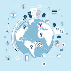 Modern creative icons showing connection of internet, technology, transportation and communication around the world