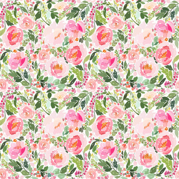 Seamless pattern with a bouquet of peonies, roses, small flowers and foliage.