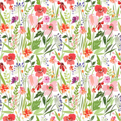 Seamless pattern with bright flowering carpet of meadow plants.