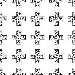 Seamless vector pattern. Black and white geometrical background with hand drawn decorative tribal elements. Print with ethnic, folk, traditional motifs. Graphic vector illustration.