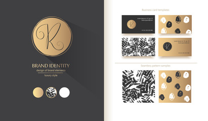 Luxury brand identity. Calligraphy R letter - sophisticated logo design. Couple business card designs included