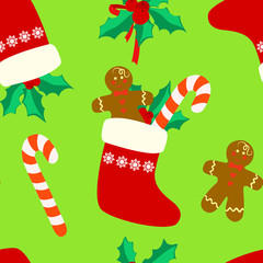 Seamless pattern with Christmas socks, gingerbread man, candy cane and holly wreath on a light green background.