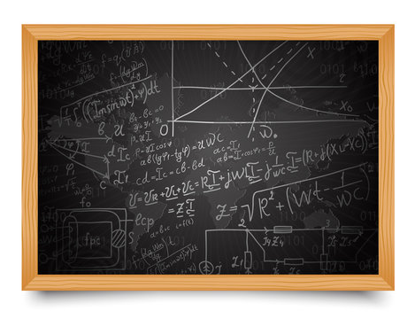 Science. Mathematical and physical formulas on school blackboard  