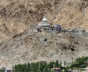 Shanti Stupa. View from Namgyal Tsemo Gompa (Castle at Tsemo) - Tibet, Leh district, Ladakh,...