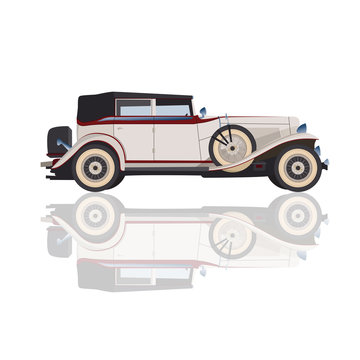 Detailed retro car, vector cadillac for design, isolated white car in realistic style in vector, retro car in details