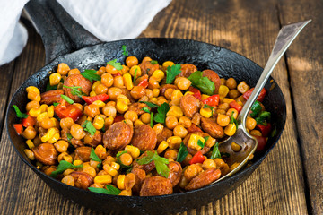 Chorizo and chickpeas braised in cider