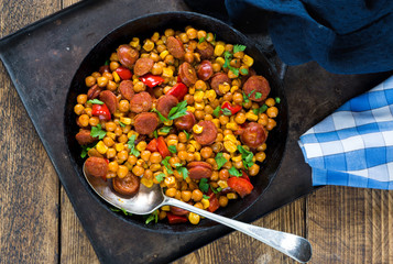 Chorizo and chickpeas braised in cider