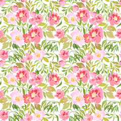 Seamless pattern with pink flowers and curly twigs with leaves.