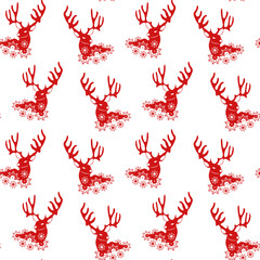Seamless pattern with silhouette of a Christmas reindeer and snowflakes in red color.