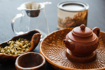 The process of brewing tea at the tea ceremony.