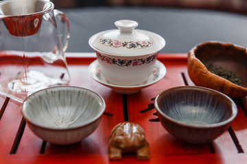 The process of brewing tea at the tea ceremony.