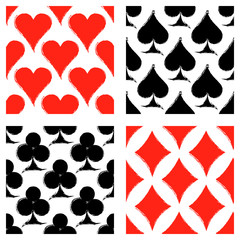 Fototapeta premium Vector set of seamless grunge patterns. Grungy graphic illustration of sign of playing card with ink blot, brush strokes. Endless background. Series of gaming and gambling seamless vector patterns.