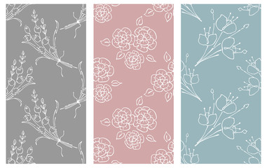 Vector set of floral illustration. Pastel seamless patterns with bouquet with flowers, leaves, decorative elements. Hand drawn contour lines and strokes. Doodle style, graphic illustration
